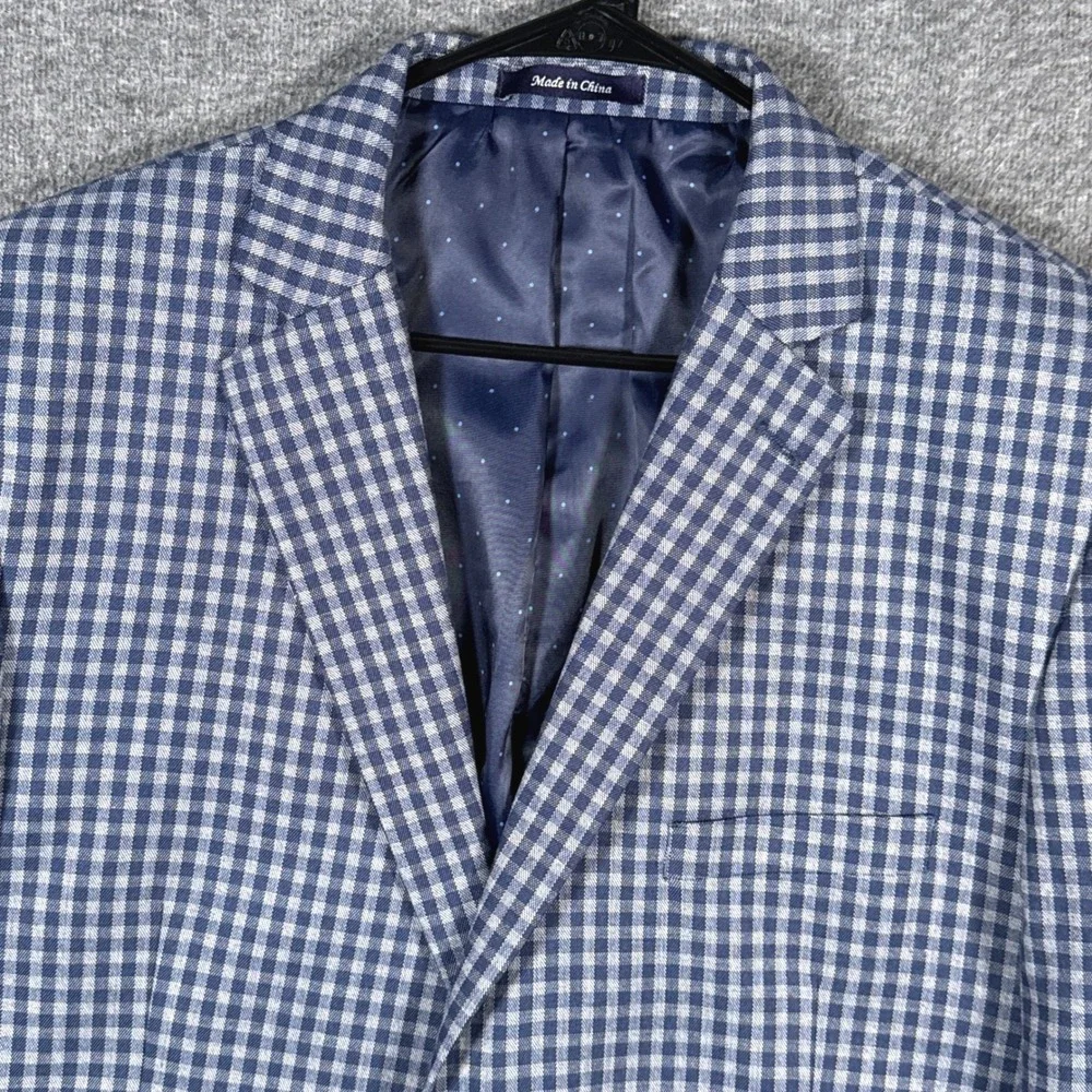 Alan Flusser Sport Coat Mens 46L Blue Gingham Check Stretch Polyester Blazer